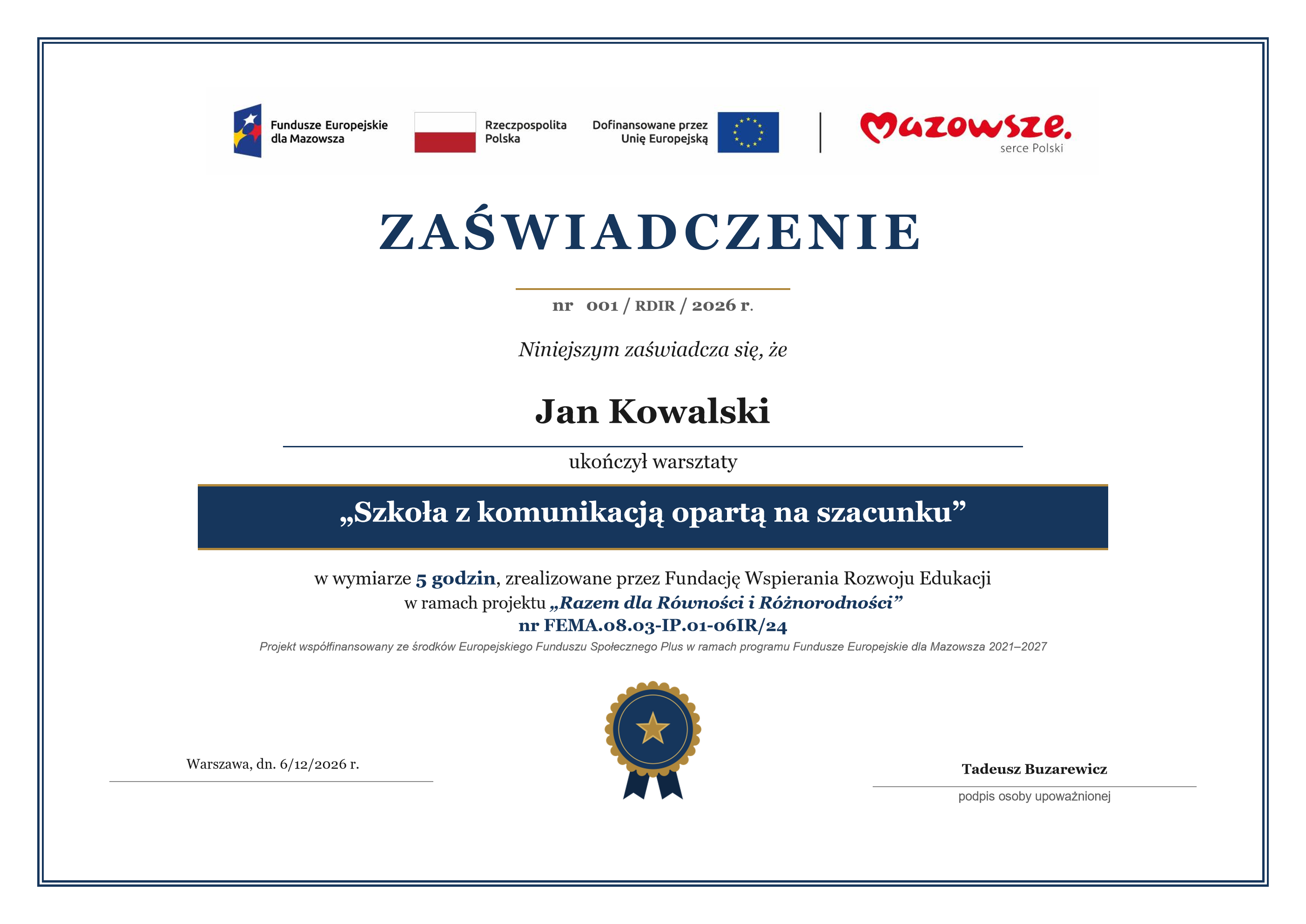 Wzór zaświadczenia ukończenia warsztatu - strona pierwsza