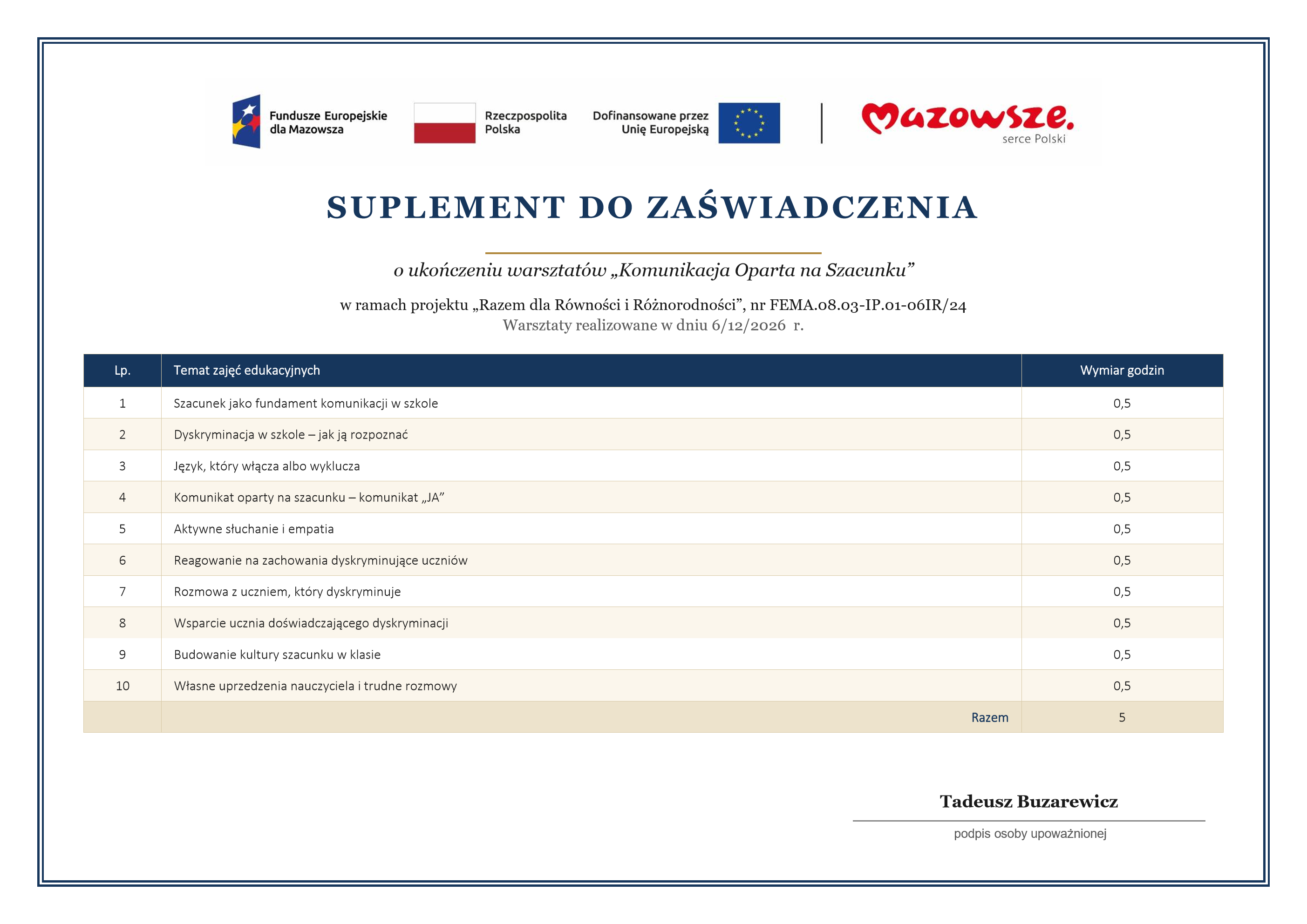 Wzór zaświadczenia ukończenia warsztatu - strona druga